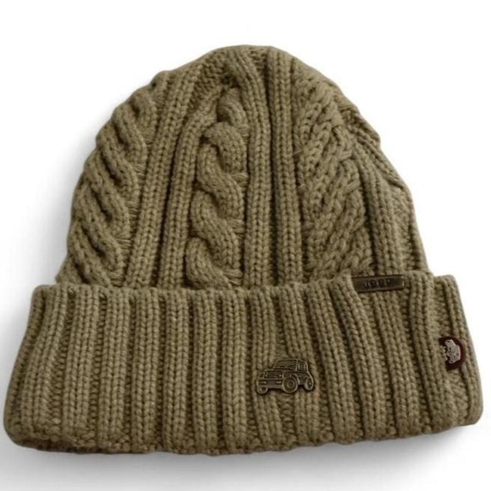 Jeep Cable Knit Beanie Hat Unisex OS Tan Khaki Fleece Lined Ribbed
